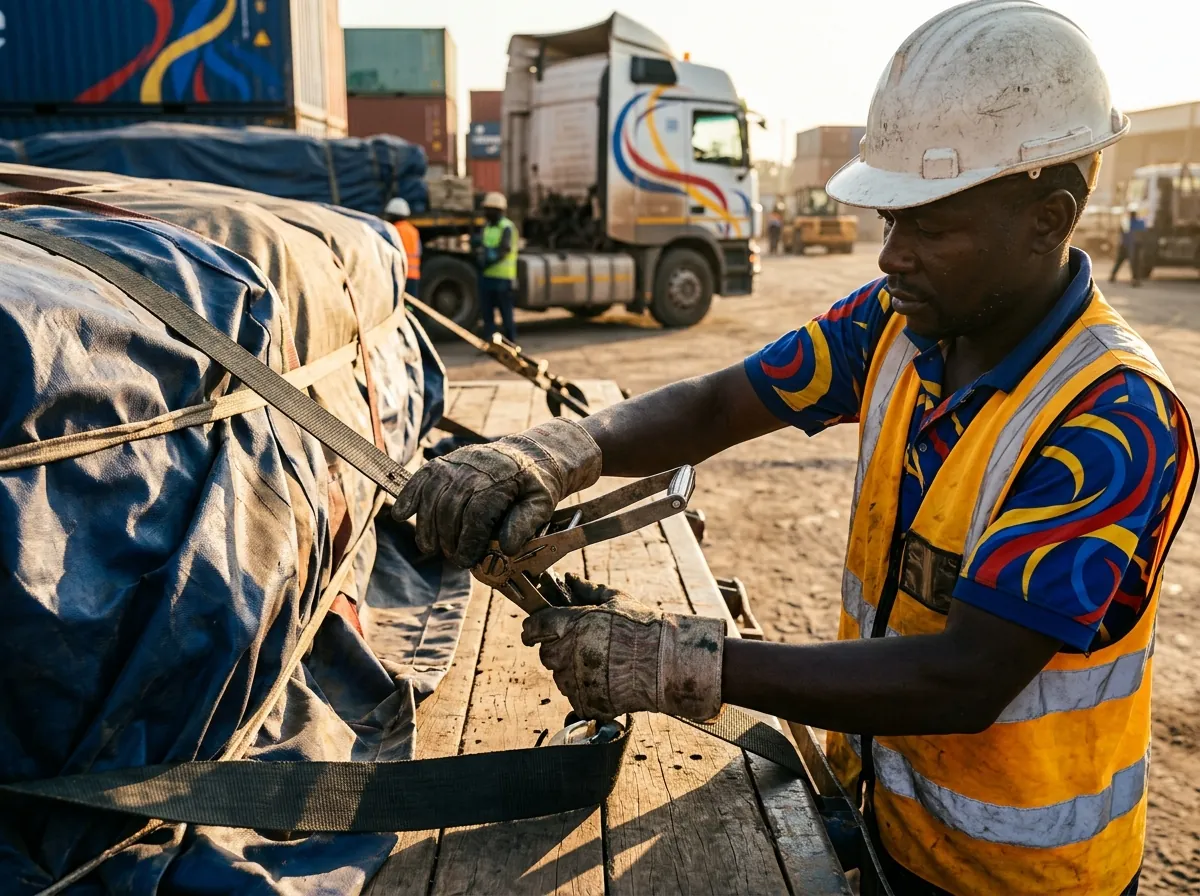 Gloved hands securing a strap over wrapped cargo on a flatbed trailer