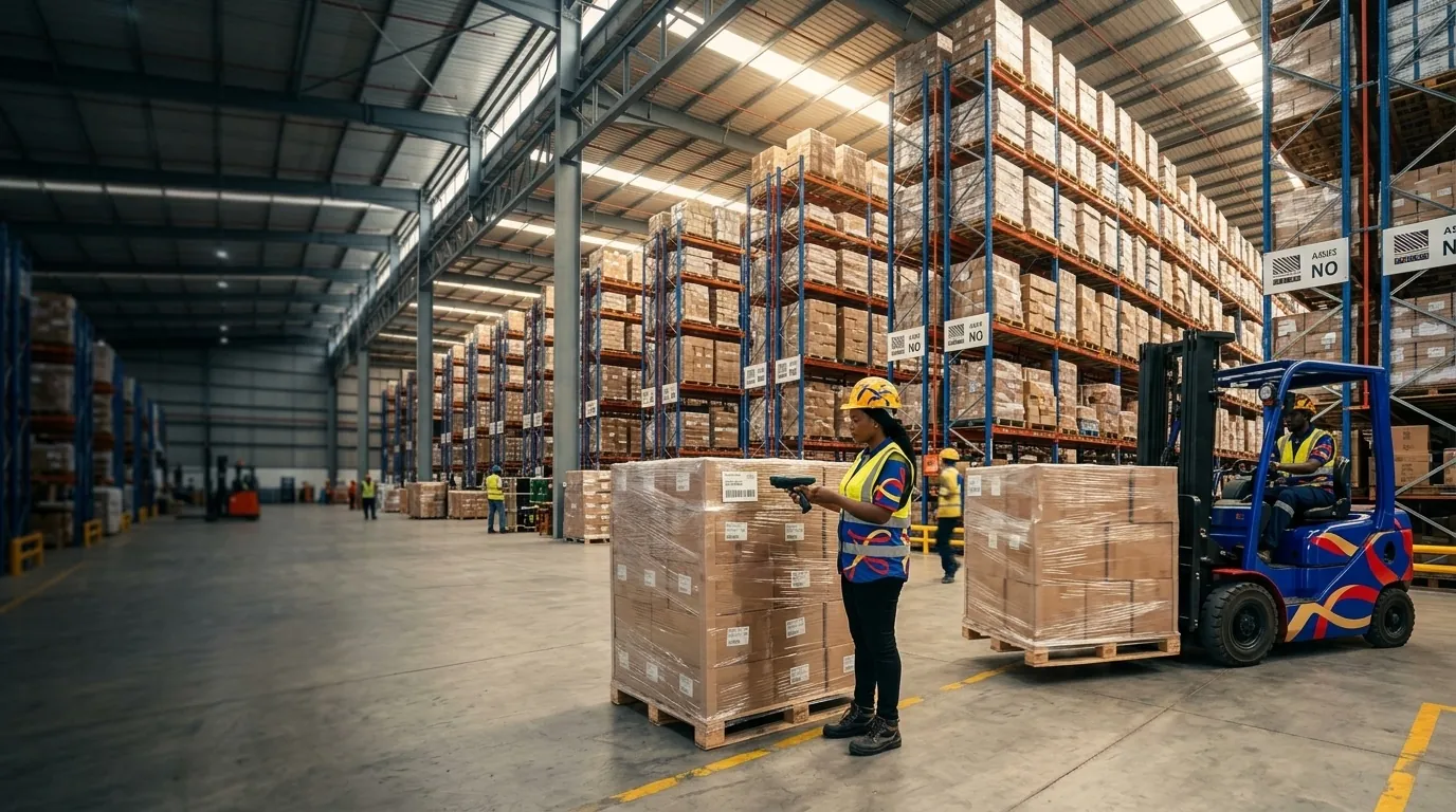 Warehouse interior with racking and a forklift