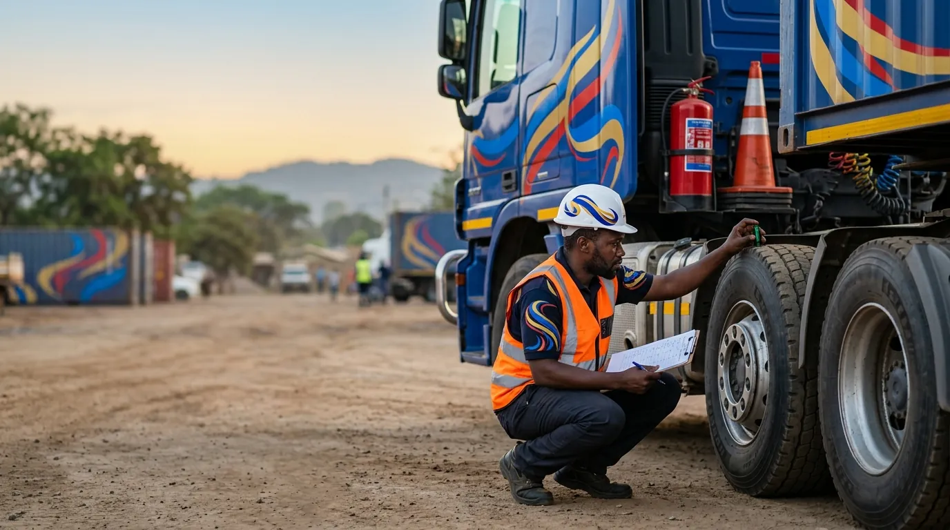 Driver carrying out a pre-trip safety inspection beside a truck