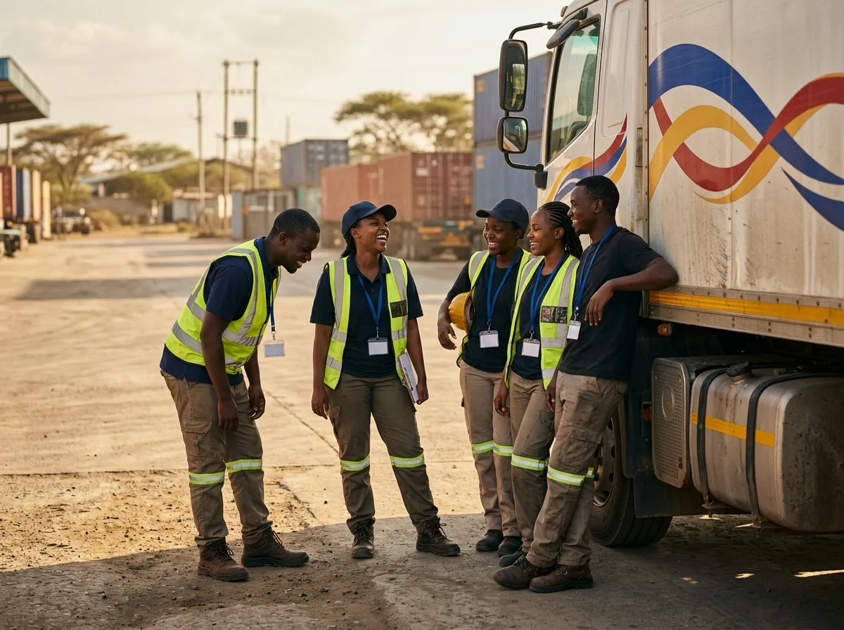 Logistics team members talking in a warehouse