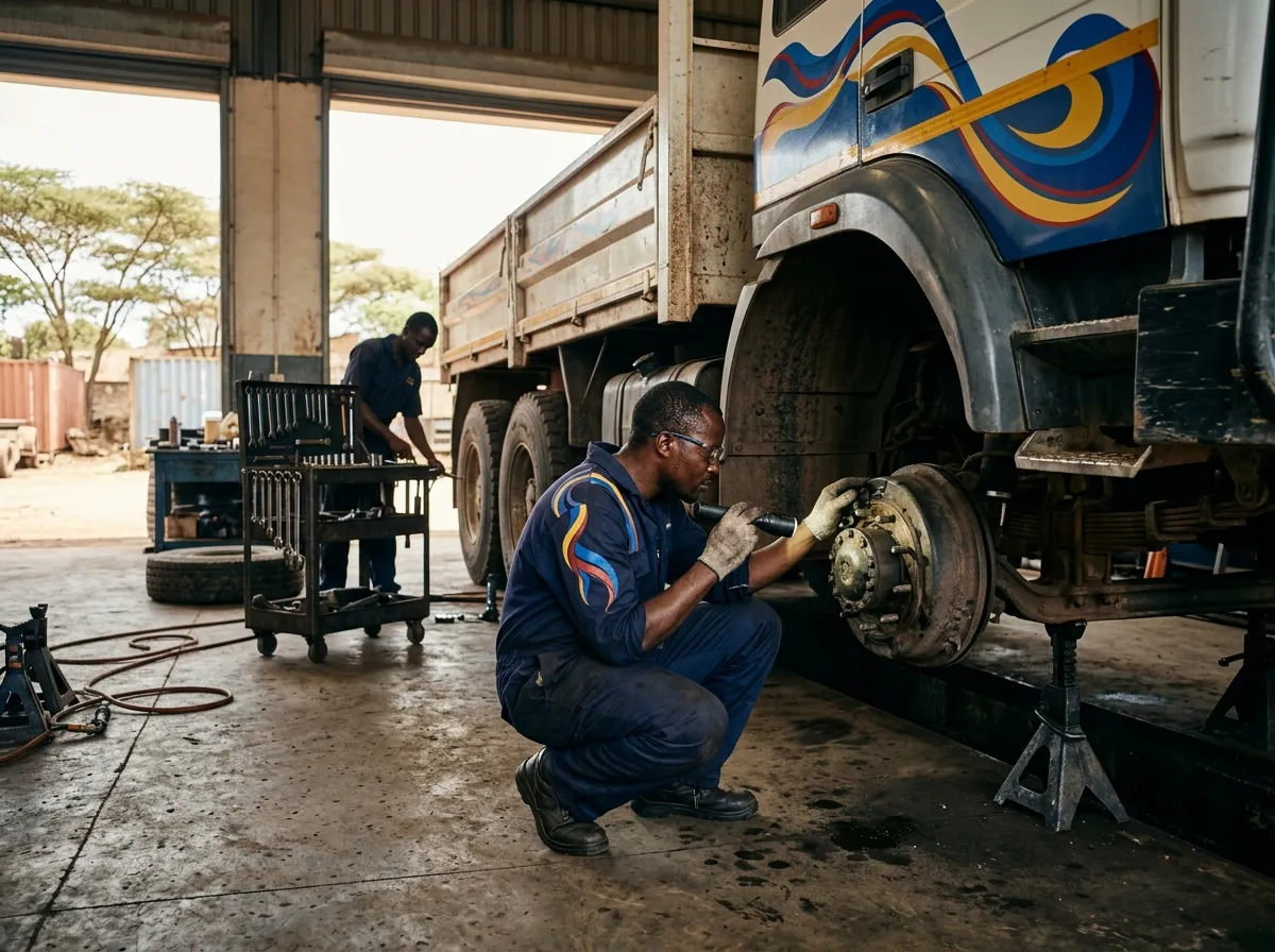 Mechanics performing preventive maintenance on a heavy truck